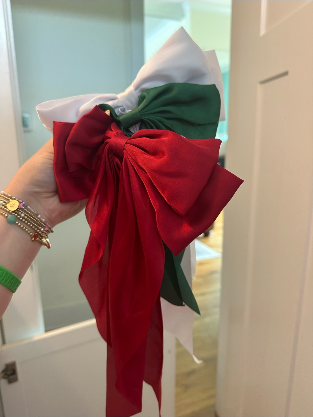 Trio Satin Hair Bows in Red, Green & White